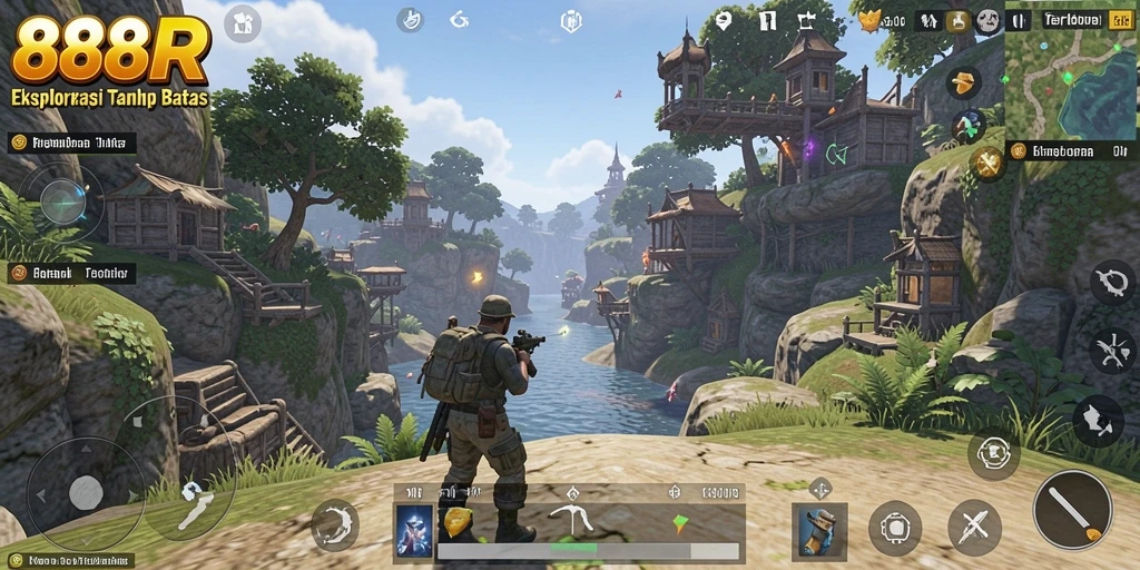 Screenshot menunjukkan pemain menjelajahi dunia terbuka yang indah.