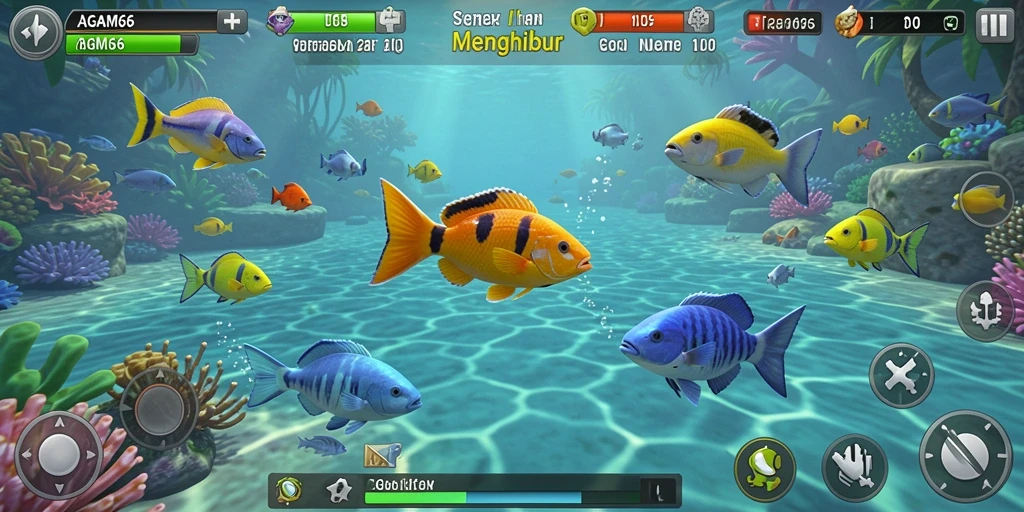 Tampilan menarik dari gameplay Tembak Ikan AGAM66 dengan berbagai ikan berwarna.