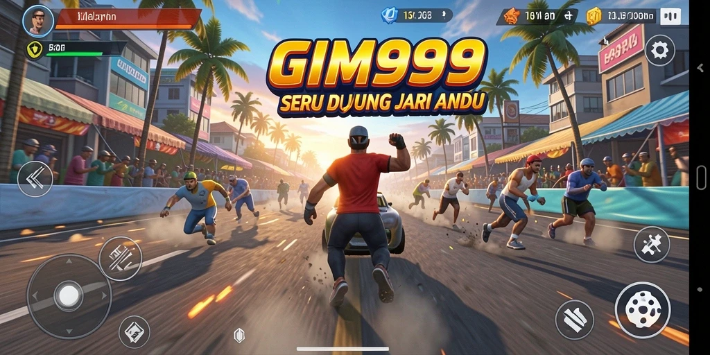 Screenshot GIM999 menampilkan aksi balapan seru di jalan yang ramai.
