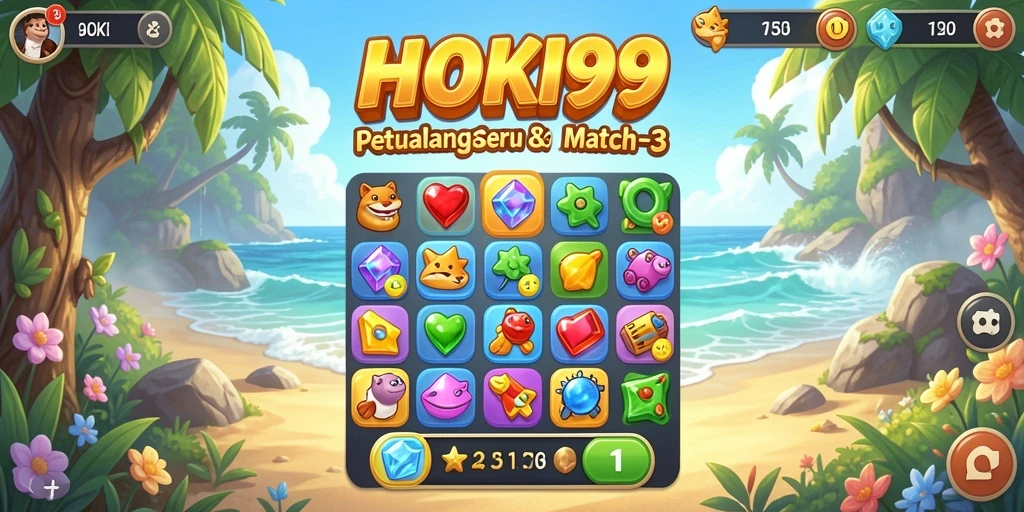 Tampilan gameplay seru HOKI99 dengan elemen Match-3 yang menarik.