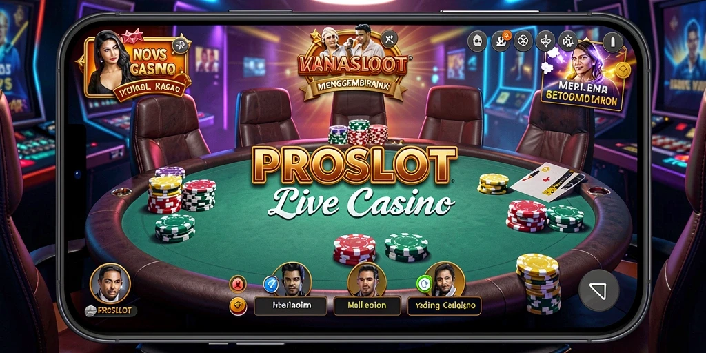 Screenshot gameplay live casino PROSLOT dengan dealer dan pemain berinteraksi.
