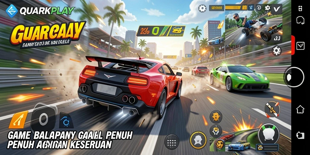 Screenshot gameplay menunjukkan aksi balapan yang mendebarkan di QUARKPLAY.