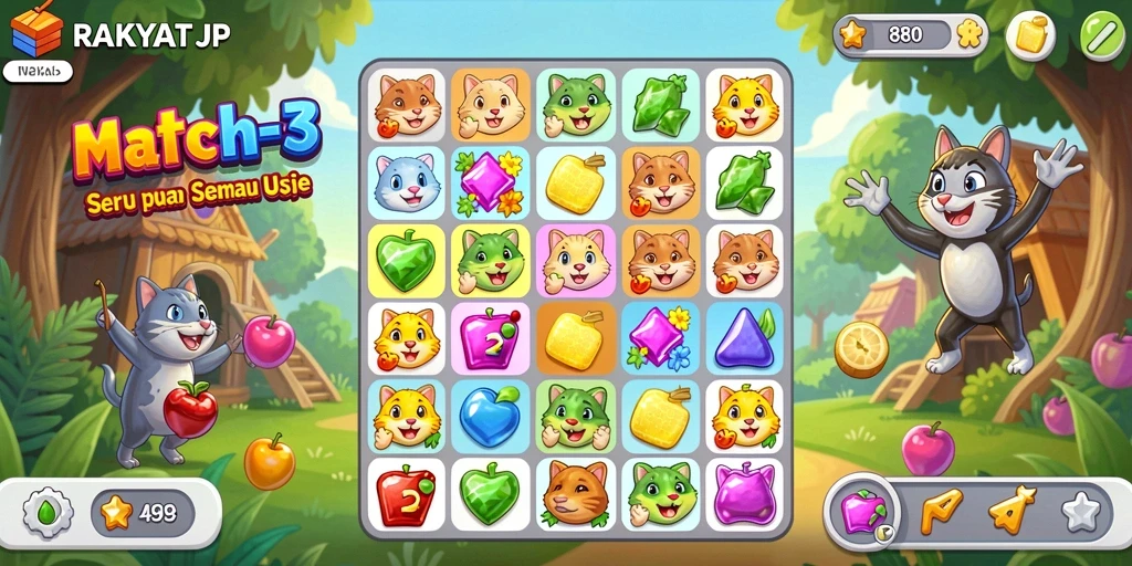Screenshot RAKYATJP menampilkan gameplay Match-3 yang seru dan menantang.
