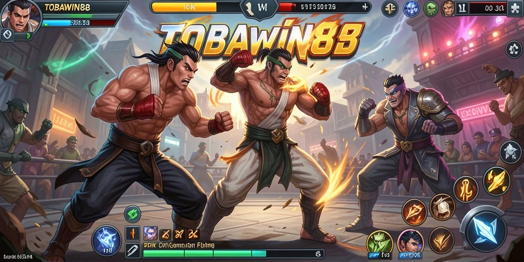 Tangkapan layar gameplay <strong>TOBAWIN88</strong>, menampilkan pertarungan intens dan aksi spektakuler.