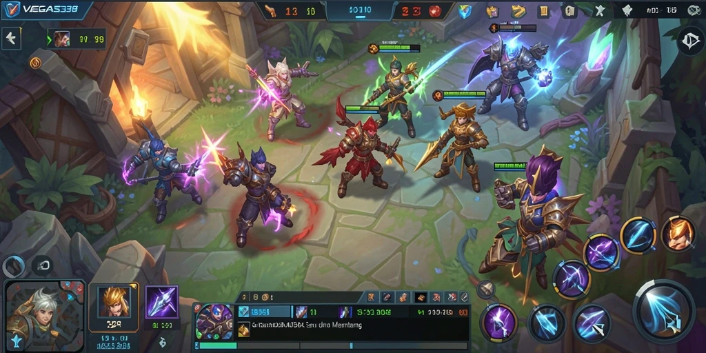 Tangkapan layar gameplay VEGAS338 menampilkan pertarungan intens dan strategi tim.